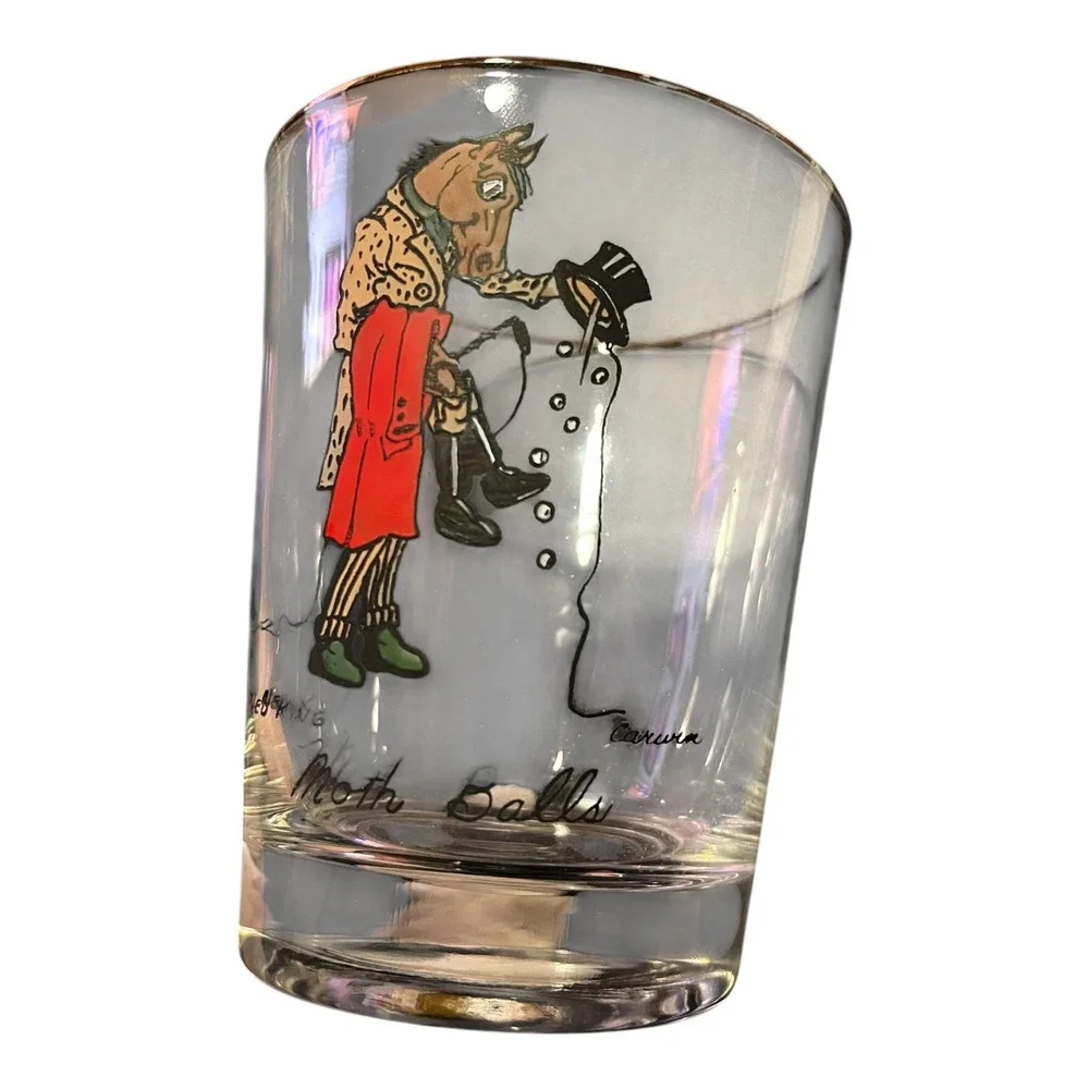Vtg Ned King Carwin Moth Balls Horse Glass Gilt Gold Rim Barware Novelty Tumbler